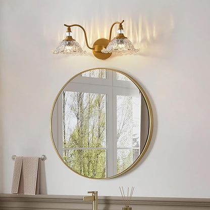 Vintage Bathroom Vanity Light Fixtures - 2 Light Antique Brass Bathroom Lights Fixture Over Mirror with Clear Flower Glass,Retro Brushed Gold Bronze Wall-Mounted Vanity Lighting for Powder Room