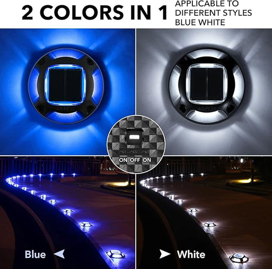 AGPTEK Solar Driveway Lights Outdoor 12 Pack, 2 Color Modes LED Deck Dock Marine Waterproof Security Marker Lights for Step Sidewalk Stair Garden Pathway Walkway Yard(Blue Light/Cool White, Black)