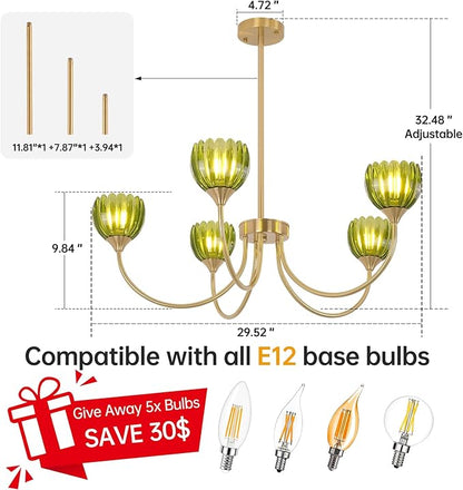 Shenmoyl 30.31" Brass Gold Chandelier, 5-Light Chandelier Light with Green Tulip Glass Lampshade, Height Adjustable Vintage Chandeliers for Dining Room Living Room Kitchen Island