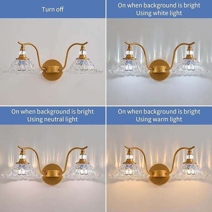 Vintage Bathroom Vanity Light Fixtures - 2 Light Iridescent Flower Glass Antique Brass Bathroom Lights Fixture Over Mirror,Retro Brushed Gold Bronze Wall-Mounted Vanity Lighting for Powder Room
