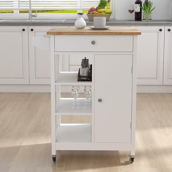 Modern Dining Table Kitchen Island Rolling Trolley Cart with Shelves, Drawer, Doors, Towel Rack & Seasoning Rack - Rubber Wood Table Top for Dining Room,White-MDF