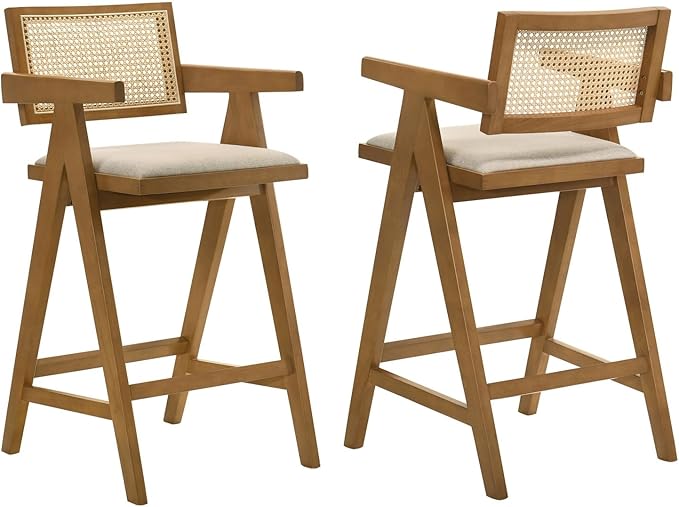 Remy Light Walnut Woven Rattan Wood Chair (Set of 2) - Walnut - Mid-Century Modern Charm - Kitchen Island - Timeless Appeal
