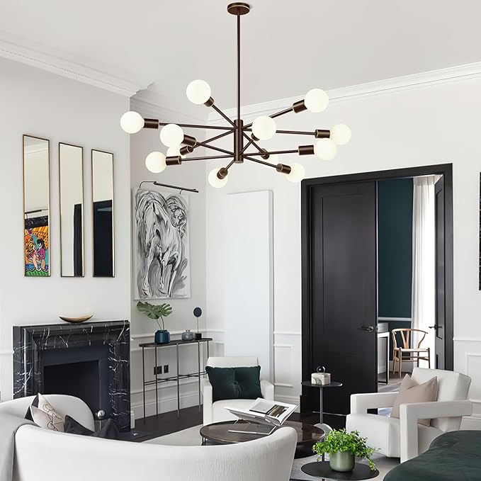 Sputnik Chandeliers Dining Room Light Fixture (12-Light, 33-Inch), Modern Brown and Gold Chandelier, Height Adjustable Mid Century Modern Chandeliers for Dining Room Kitchen (Bulbs Not Included)