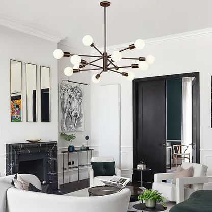 Sputnik Chandeliers Dining Room Light Fixture (12-Light, 33-Inch), Modern Brown and Gold Chandelier, Height Adjustable Mid Century Modern Chandeliers for Dining Room Kitchen (Bulbs Not Included)