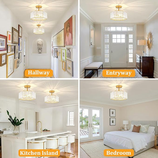 TOULMJ Crystal Semi Flush Mount Ceiling Light, 3-Light Modern Close to Ceiling Light Fixtures, Gold Hallway Light Fixtures Flush Mount Chandelier for Entryway Kitchen Bedroom Dining Laundry Room