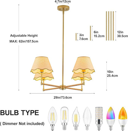 MAYNA 29" Farmhouse Boho Chandelier, 4-Light Rattan Light Fixture with Wicker Lamp Shade, Adjustable Boho Dining Room Light Fixture for Kitchen Island, Living Room, Bedroom