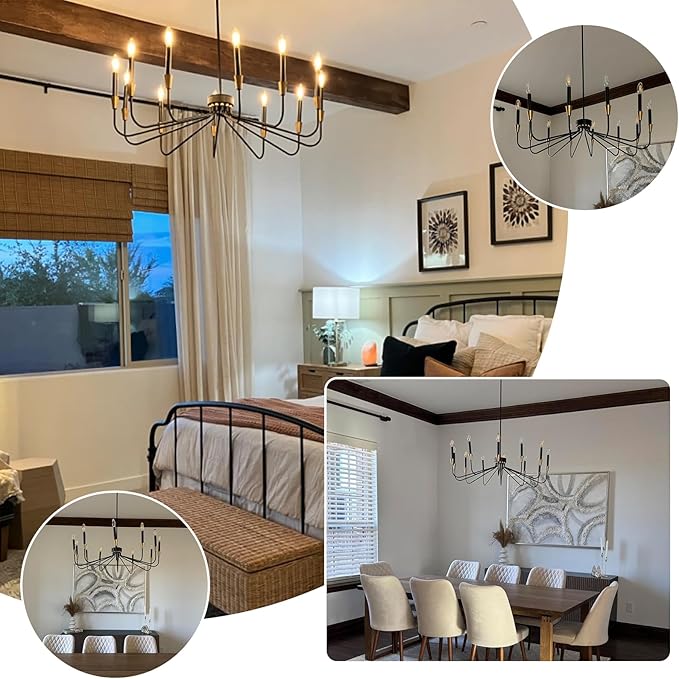 Black Chandelier 38'' Modern Farmhouse Candle Light Fixture 12-Light Large Black and Gold Dining Room Chandleiers High Ceiling Hanging Living Room Lighting Entryway Kitchen Island