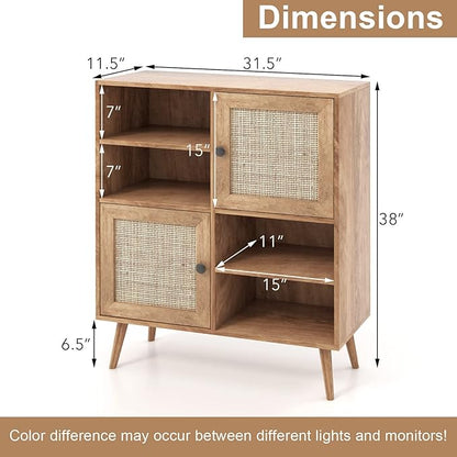 Giantex Buffet Cabinet, Wood Sideboard Storage with 2 Rattan Doors & 2 Cubes, Farmhouse Coffee Bar Accent, Freestanding Cupboard Organizer for Living Room Kitchen Hallway
