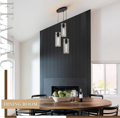 Modern Cluster Pendant Lights, Black Cluster Chandelier with Clear Ribbed Glass, 3 Light Pendant Lighting for Kitchen Island, Staircase, Dining Room, Living Room