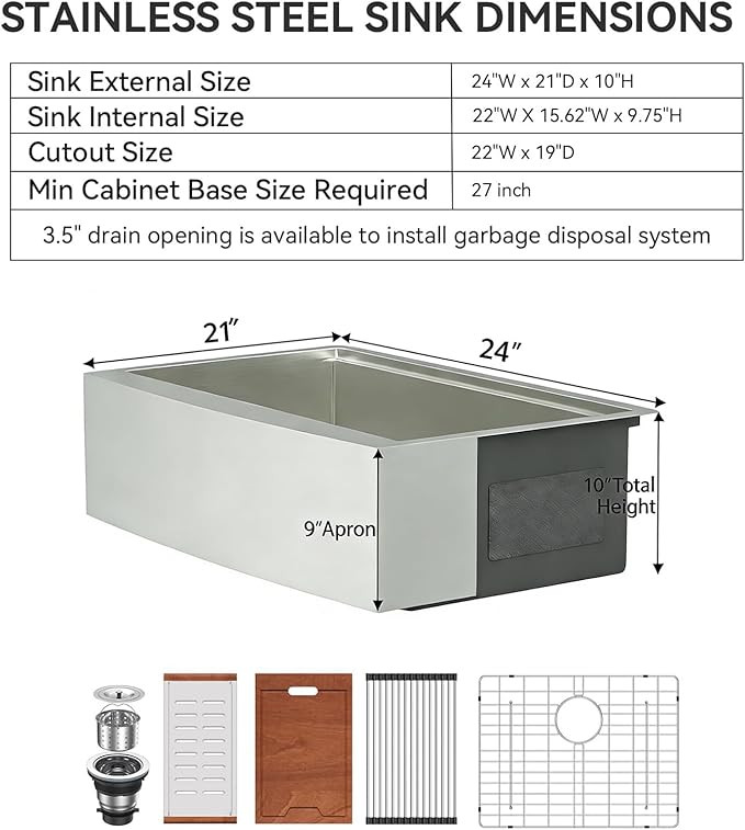 Lordear 24" Farmhouse Sink Short Apron Front Ledge Workstation 24" x 21" Farm Sink 16 Gauge Stainless Steel Single Bowl Kitchen Farm Sinks