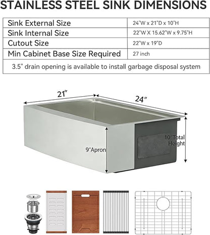 Lordear 24" Farmhouse Sink Short Apron Front Ledge Workstation 24" x 21" Farm Sink 16 Gauge Stainless Steel Single Bowl Kitchen Farm Sinks