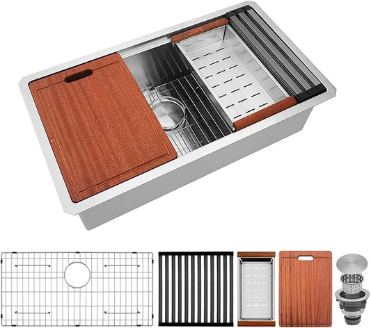 32 Inch Undermount Kitchen Sink, 16 Gauge T-304S Stainless Steel Workstation Sink with Accessories, 32" x 18" x 10" Large and Deep Single Bowl Kitchen Sink for Home, Kitchen and Outdoor