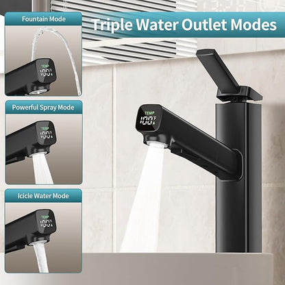 HANLIAN Single Handle Vessel Sink Faucet with Pull Out Sprayer, Tall Single Hole Bathroom Faucet with Digital Temperature Display, 3 Modes High Bathroom Vanity Faucets 1 Hole with Rotating Spout