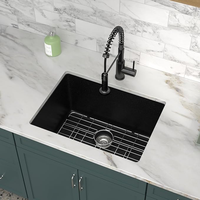 24x18 Inch Undermount Laundry Sink, Black Granite Composite Quartz Sink, 12 Inch Deep Single Bowl Utility Sink, Non-Porous, Scratch Resistant, Easy to Clean, Modern Sink for Laundry Room