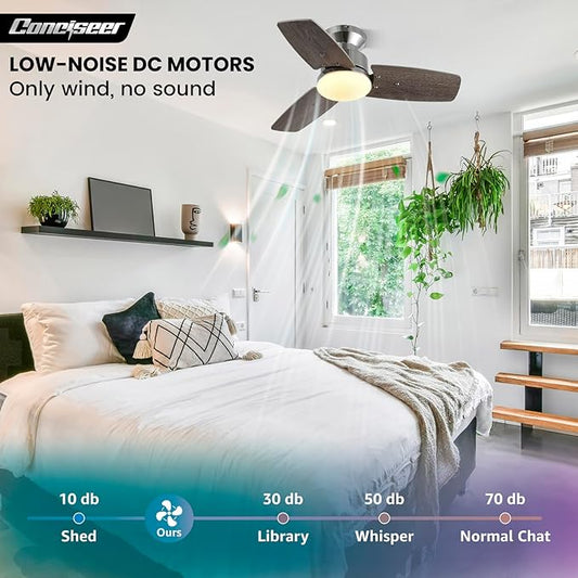 Conciseer 30 Inch Ceiling Fans with Lights and Remote, Bedroom Living Room Office, Flush Mount, 3CCT Dimmable, Dual Color 3 Blades 6 Speed Reversible Quiet DC Motor, Chrome-Plated/Wood Grain