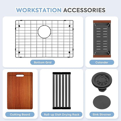 Rhbamoa Black Farmhouse Sink,Black Stainless Steel Drop in Farmhouse Sinks,Small Topmount Workstation Sinks,26 inch Single Bowl Apron Front Kitchen Farm Sink with All Accessories