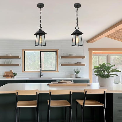 LOG BARN Outdoor Pendant Lights, Modern Farmhouse Exterior Light Fixture, Anti-Rust Ceiling Outdoor Lantern with Seeded Glass for Front Door, Entry, Porch, and Gazebo