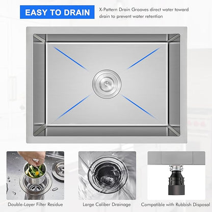 MENATT 20-inch Undermount Kitchen Sink, SUS304 Stainless Steel Handmade Single Bowl Kitchen Sink with Sink Strainer (Brushed), 20"x16"x9"