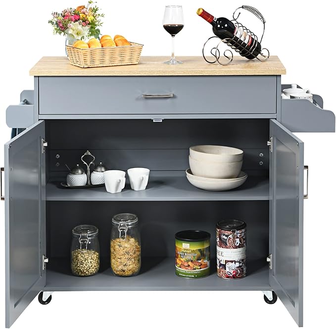 PETSITE Kitchen Island Cart with Storage Cabinet on Wheels, Spice Rack Towel Rack & Drawer (Grey)