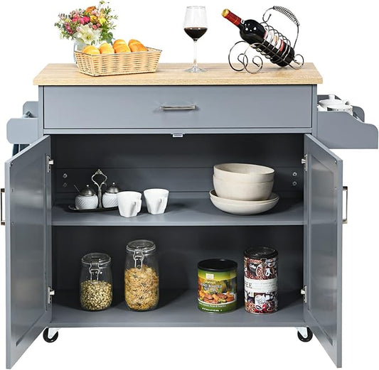 PETSITE Kitchen Island Cart with Storage Cabinet on Wheels, Spice Rack Towel Rack & Drawer (Grey)