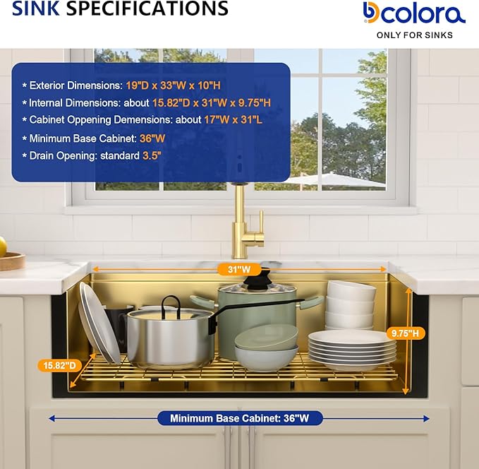 Dcolora 33 In. Gold Undermount Kitchen Sink, Workstation with Valued Accessories, Heavy Duty 16 Gauge 304 Stainless Steel Luxury Gold Nano-PVD, 33"x19"x10" Large Single Bowl #DC-U2533006GW