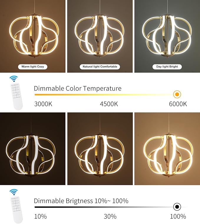 Modern Gold LED Chandelier with Remote Control, Dimmable LED Chandelier with 3 Color Temperature,8 Lights Hanging Pendant Lights for Dining Room Foyer Entryway Kitchen Living Room