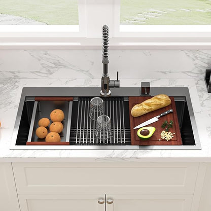 Sarlai 36 Inch Black Drop In Kitchen Sink Workstation - 36x19 Drop In Kitchen Sink Black Stainless Steel Topmount Workstation Sink 16 Gauge Deep Single Bowl Top-mount Kitchen Sink