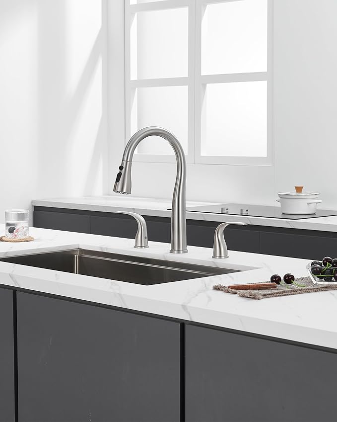 TIORIY 3 Hole Kitchen Faucet with Pull Down Sprayer, Brushed Nickel, Double Handle High Arc Faucet for Kitchen Sink with 3 Mode Spray, Stainless Steel, T-3005BN