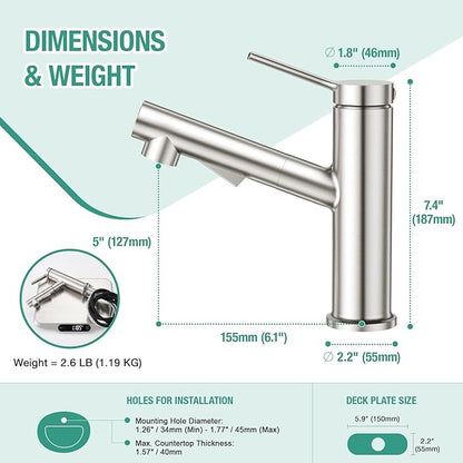 Faustina Single Hole Bathroom Faucet with Pull Out Sprayer, Brushed Finish Bathroom Sink Faucet for Vanity or Laundry, Stainless Steel 1 Handle with Deck Plate for 1 or 3 Hole