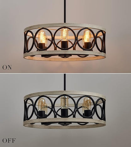 MEIXISUE Modern Farmhouse Drum Chandelier Black and White Birch Finish 6-Lights Round Metal Rustic Vintage Chandelier Light Fixtures for Kitchen Dining Room Living Room Office Hotel Restaurant