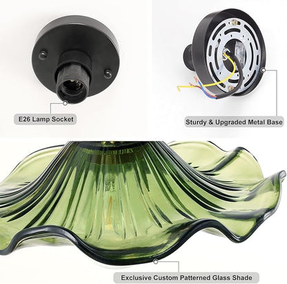 Shenmoyl Semi Flush Mount Ceiling Light, Black Hallway Vintage Fixture With Green Lotus Glass, 4.72" Base Modern Light for Bathroom Porch Kitchen Bedroom