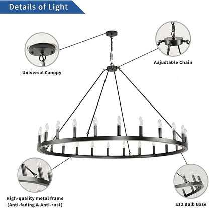 24-Light Black Wagon Wheel Chandelier, 54 Inch Large Chandeliers for High Ceilings, Farmhouse Dining Room Light Fixture, for Living Room, Foyer, Entryway
