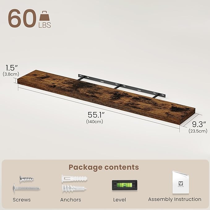 Vivelove Floating Shelves for Wall Mounted, 55 Inches Long Shelves, Display Shelf for Bathroom Living Room Kitchen Bedroom Office Farmhouse Home Decor, 55" X 9.3" X 1.5" - Set of 2, Rustic Brown