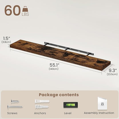 Vivelove Floating Shelves for Wall Mounted, 55 Inches Long Shelves, Display Shelf for Bathroom Living Room Kitchen Bedroom Office Farmhouse Home Decor, 55" X 9.3" X 1.5" - Set of 2, Rustic Brown