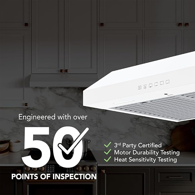 Broan-NuTone 30 Inch Glacier Under Cabinet Range Hood, ENERGY STAR, 490 Max Blower CFM - Electric Rangehood and Exhaust for Kitchen Stove Cooking and Ventilation, White
