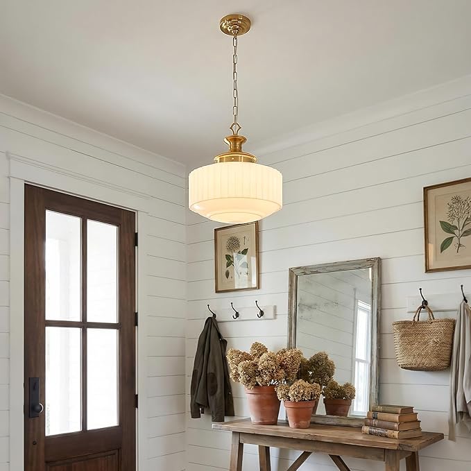 Vintage Schoolhouse Pendant Light 14" Milk Glass Pendant Light Farmhouse Brass Gold Chandelier Glass Pendant Light Fixture for Kitchen Island Lighting, Dining Room, Foyer