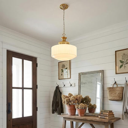 Vintage Schoolhouse Pendant Light 14" Milk Glass Pendant Light Farmhouse Brass Gold Chandelier Glass Pendant Light Fixture for Kitchen Island Lighting, Dining Room, Foyer