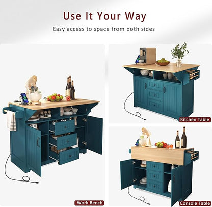 55.7'' Large kitchen Island with 2 Drop Leaf and Power Outlet, Rolling Kitchen Islands on Wheels with 3 Drawers and Storage Cabinet, Folding Dining Table with Spice & Towel Rack for Dining Room Green