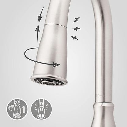 Pfister Rosslyn Kitchen Faucet with Pull Down Sprayer and Soap Dispenser, Single Handle, High Arc, NSF Certified, Spot Defense Stainless Steel Finish, F5297RSSRGS