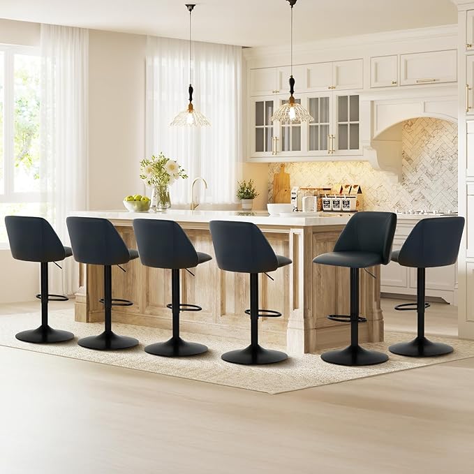 COLAMY Bar Stools Set of 4, Modern Swivel Bar Chairs, Adjustable PU Leather Upholstered Barstools Counter Height with Full Backrest for Bar, Dining Room, Kitchen Island, Black