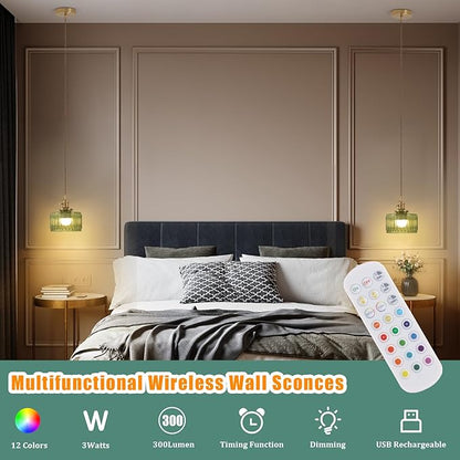 Shenmoyl Battery Operated Pendant Light 5000mAh Rechargeable Chandelier with Remote Control Wireless Adjustable Hanging Green Striped Light for Kitchen Island Dining Room Hallway