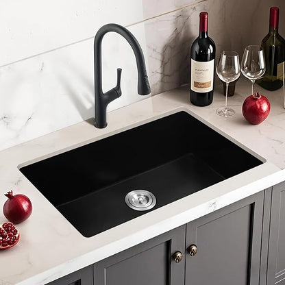 MILOSEN Black Kitchen Sink 27×18×9 Inch, Undermount/Drop In Granite Composite Quartz Single Bowl Sink, Large Deep Undermount Kitchen Sinks with Custom Accessories