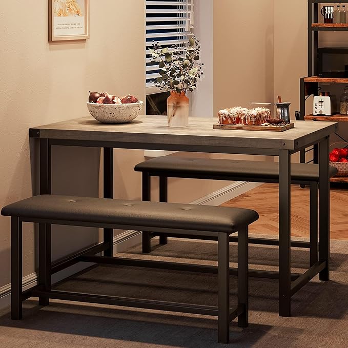 Amyove Dining Table Set for 4, 3 Piece Kitchen Table Set, Dining Table Set with 2 Upholstered Benches, Rectangular Kitchen Table Set for Apartment, Small Space, Retro Gray