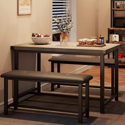 Amyove Dining Table Set for 4, 3 Piece Kitchen Table Set, Dining Table Set with 2 Upholstered Benches, Rectangular Kitchen Table Set for Apartment, Small Space, Retro Gray