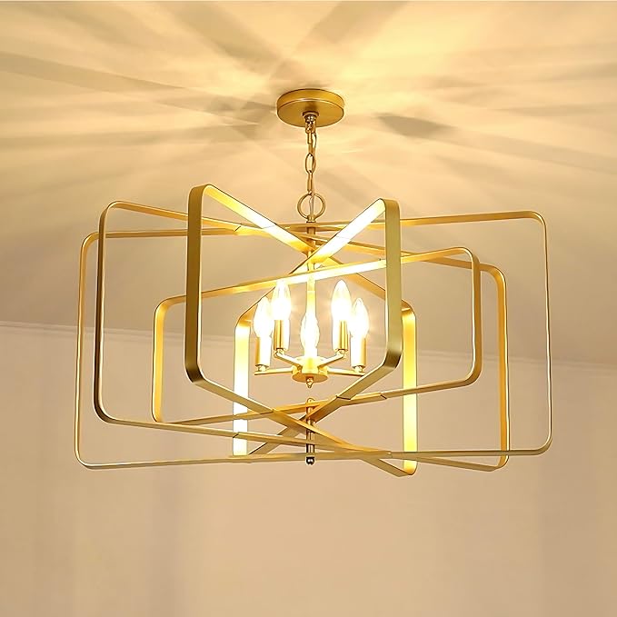 Untrammelife 32" 5-Light Gold Chandelier - Contemporary Rectangle Pendant for Dining Room, Kitchen Island & Foyer, Modern Farmhouse Ceiling Lighting