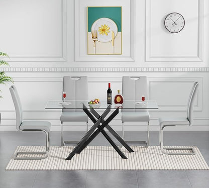 Henf 51in Glass Dining Table for 4 or 6, Rectangle Kitchen Table with X Shape Metal Legs, Tempered Glass Top Dining Room Table for 4