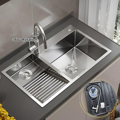 1000mm/39.3Inch Laundry Utility Sink With Washboard Stainless Steel Kitchen Sink with Faucet Household Pool Balcony Room Wash Basin Easy Clean Double-Bowl
