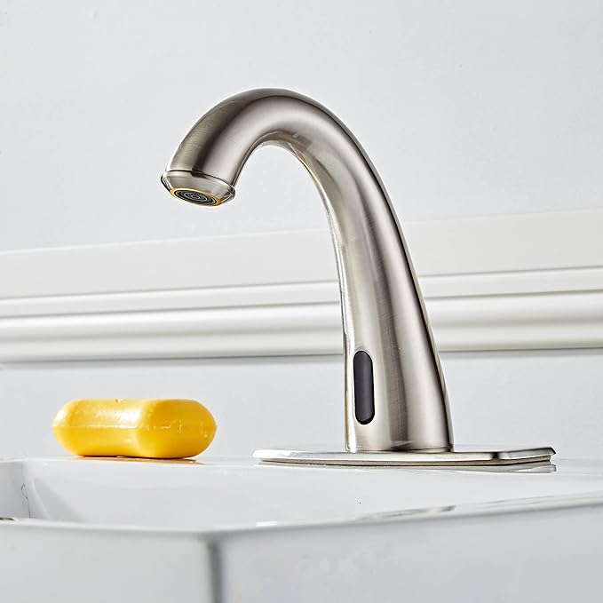 Automatic Touchless Bathroom Faucet Motion Sensor Activated Commercial Basin Sink Vantiy Hands Free Auto Infrared Mixer with Hole Cover Deck Plate Temperature Control Hot Cold Burshed Nickle