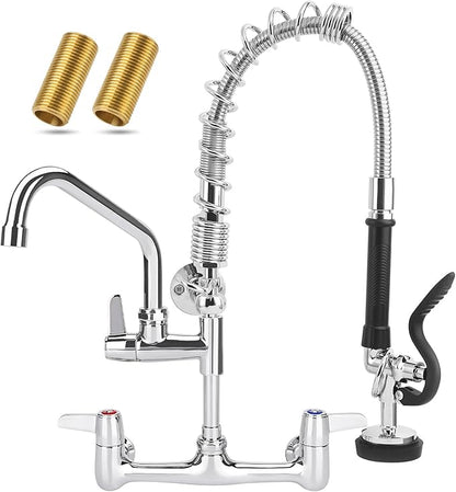 Commercial Faucet with Sprayer, 21 Inch Height Commercial Sink Faucet Wall Mount with 8" Adjustable Center and 8" Add-on Swing Spout & Pull Down Pre Rinse Sprayer