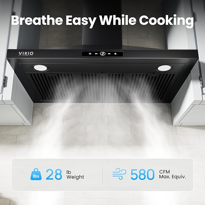 VIKIO HOME Wall Mount Range Hood 30 inch, 580 CFM Kitchen Vent Hood, Ducted/Ductless Convertible with Touch Control, Stainless Steel Stove Vent Hood, Easy Clean Filter, Black
